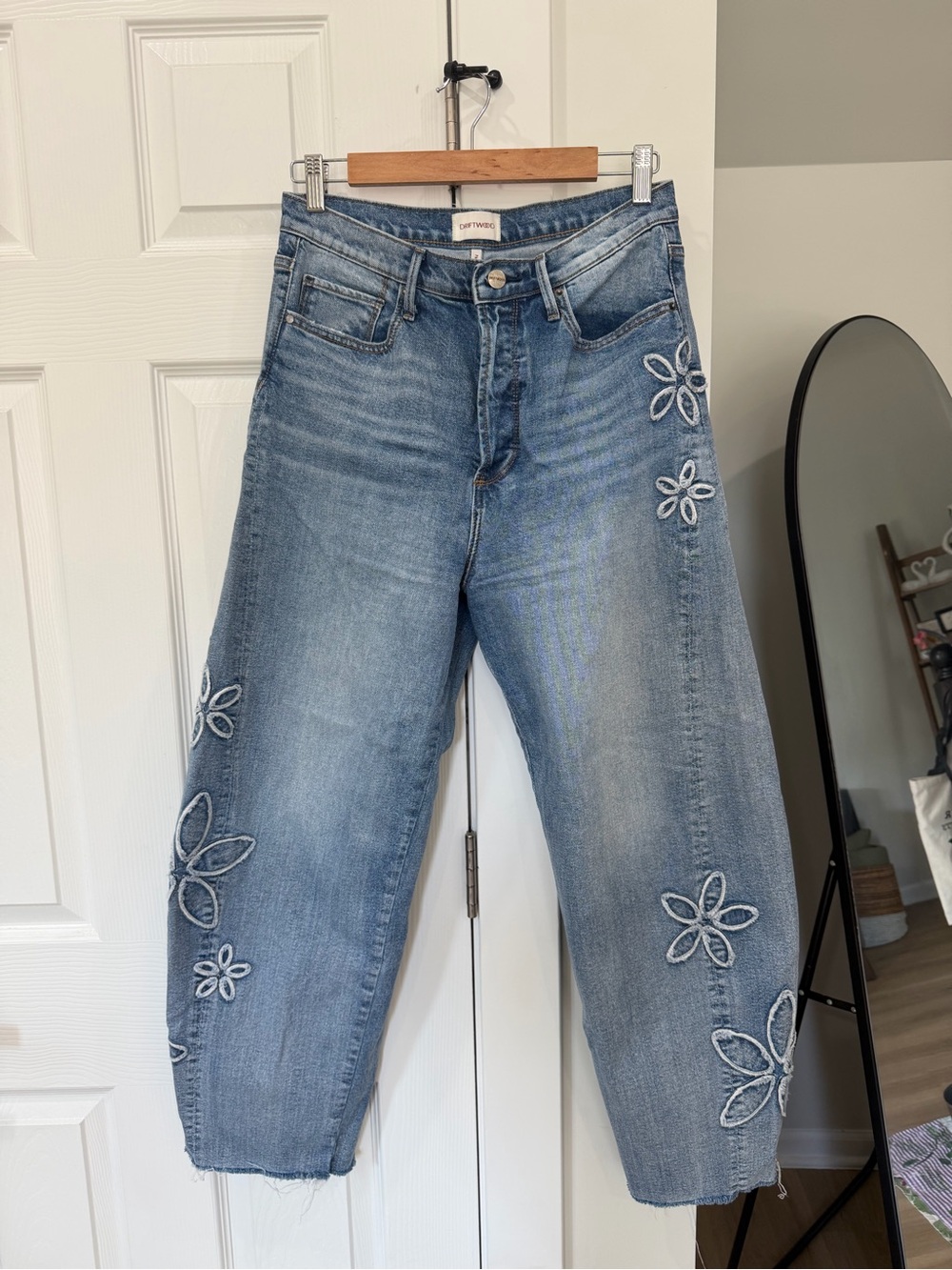 DRIFTWOOD Light Blue Embroidered Flower Jeans, barrel leg